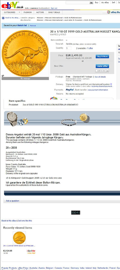 nikometternich's eBay Listing Using our 2008 Australian 100 Dollar Gold Proof Nugget Coin Photograph